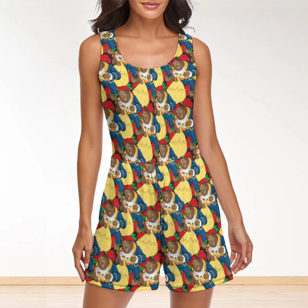 Disney Beauty And The Beast Dancing Beauty Women's Sleeveless Jumpsuit Romper With Pockets