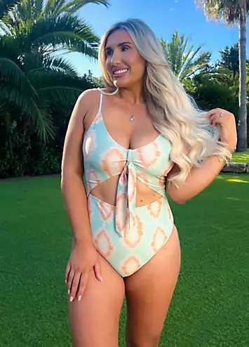 In The Style x Multicoloured Tie Dye Tie Front Cut Out Swimsuit | Grattan