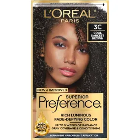 L'Oreal Paris Superior Preference Fade-Defying + Shine Permanent Hair Color, 3C Cool Darkest Brown, Pack of 1, Hair Dye Blacks &